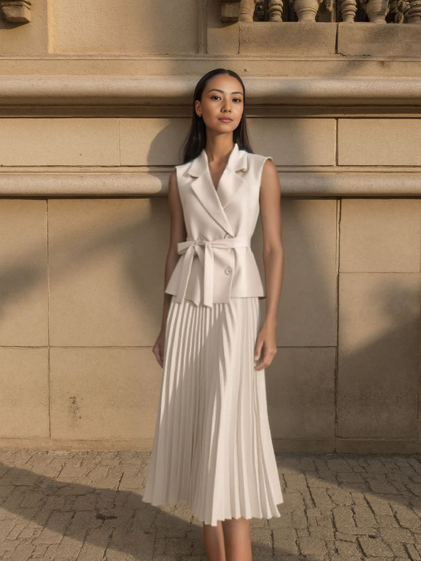 Two-piece Sleeveless Blazer and Pleated Skirt Set with Waist Belt