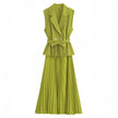 Two-piece Sleeveless Blazer and Pleated Skirt Set with Waist Belt