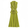 Two-piece Sleeveless Blazer and Pleated Skirt Set with Waist Belt