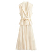 Cream sleeveless belted blazer with pleated midi skirt set