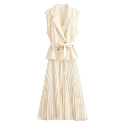 Cream sleeveless belted blazer with pleated midi skirt set