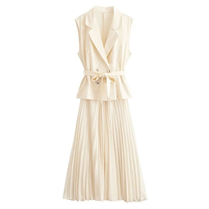 Cream sleeveless belted blazer with pleated midi skirt set