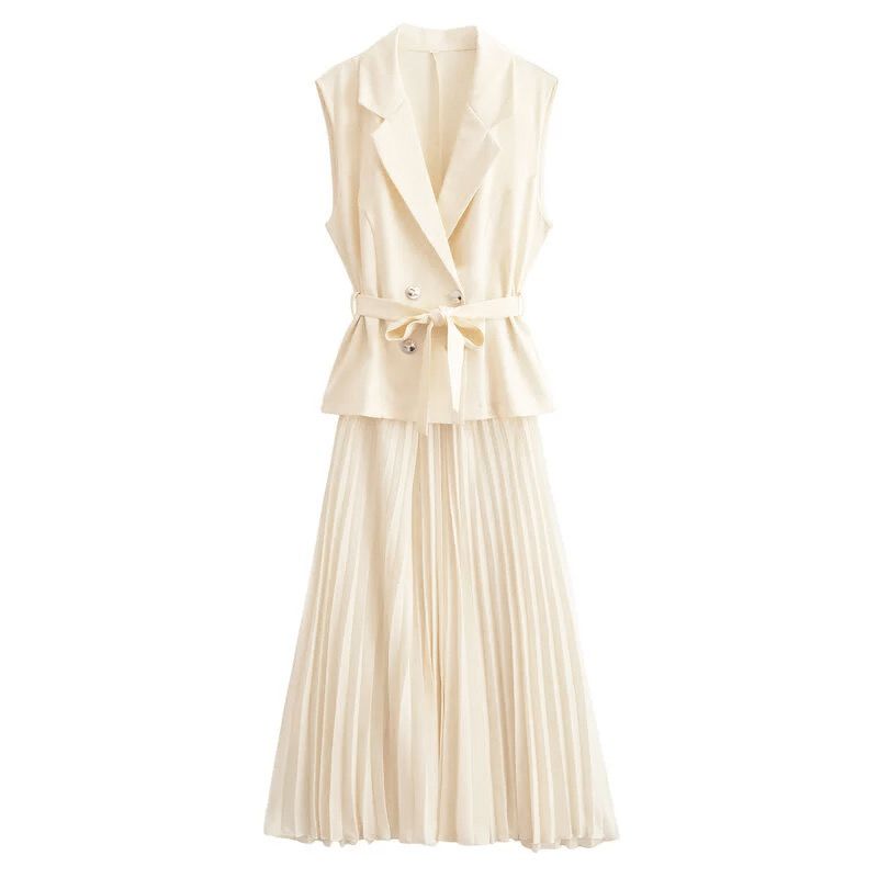 Cream sleeveless belted blazer with pleated midi skirt set