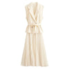 Two-piece Sleeveless Blazer and Pleated Skirt Set with Waist Belt