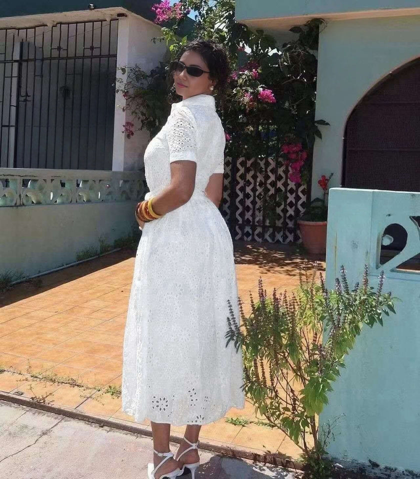 Women's White Hollow Embroidered Dress