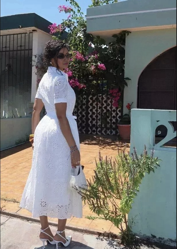 Women's White Hollow Embroidered Dress