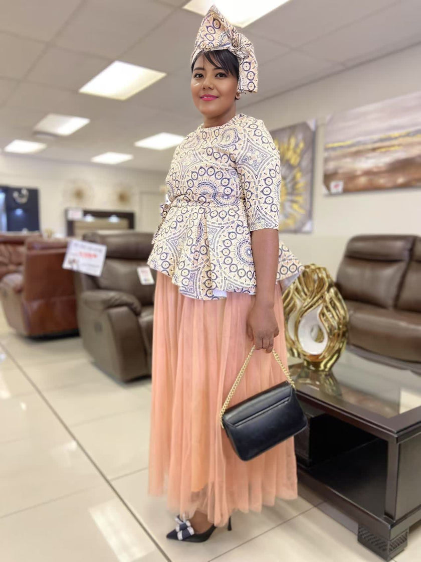 Women's Two-Piece Set - Sleeveless Geometric Pattern Top with Asymmetric Hem and Layered Long Tulle Skirt