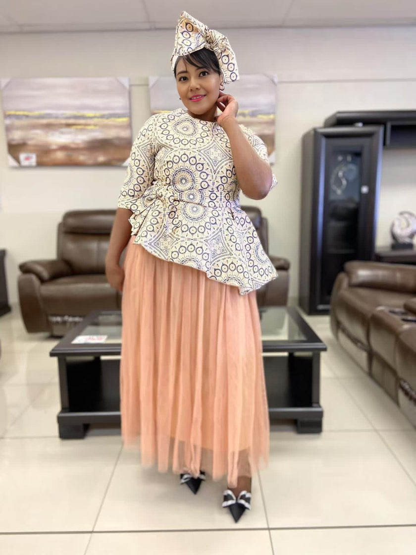 Women's Two-Piece Set - Sleeveless Geometric Pattern Top with Asymmetric Hem and Layered Long Tulle Skirt