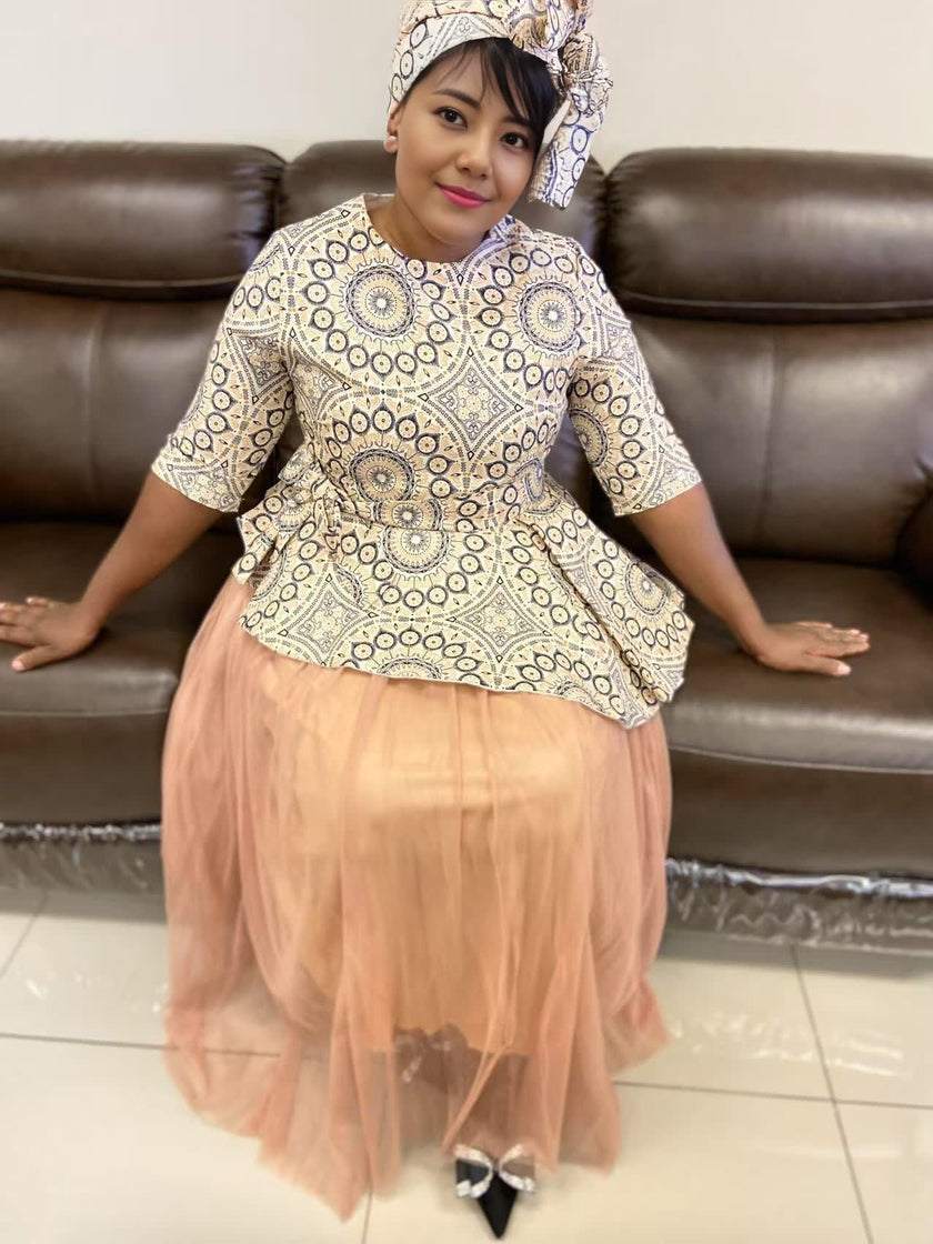 Women's Two-Piece Set - Sleeveless Geometric Pattern Top with Asymmetric Hem and Layered Long Tulle Skirt