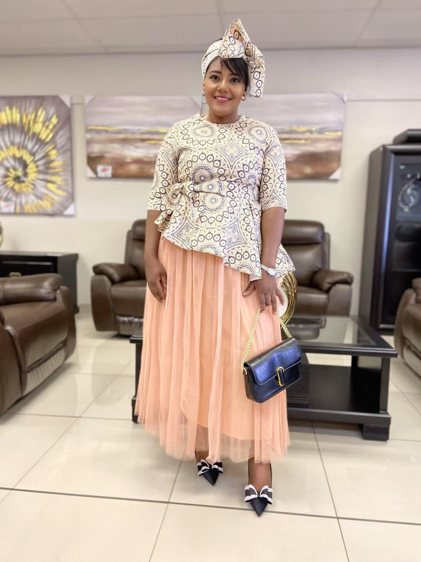 Women's Two-Piece Set - Sleeveless Geometric Pattern Top with Asymmetric Hem and Layered Long Tulle Skirt