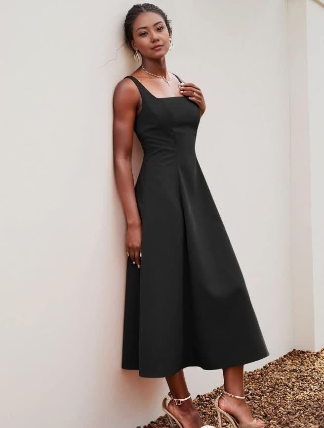 Minimalist Sleeveless Midi Dress with Square Neck and Waist-Defined Silhouette