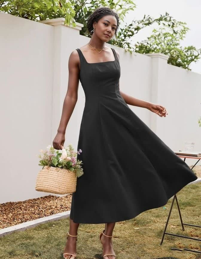 Minimalist Sleeveless Midi Dress with Square Neck and Waist-Defined Silhouette