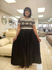 Maxi pleated dress with black skirt and patterned knit bodice, short sleeves