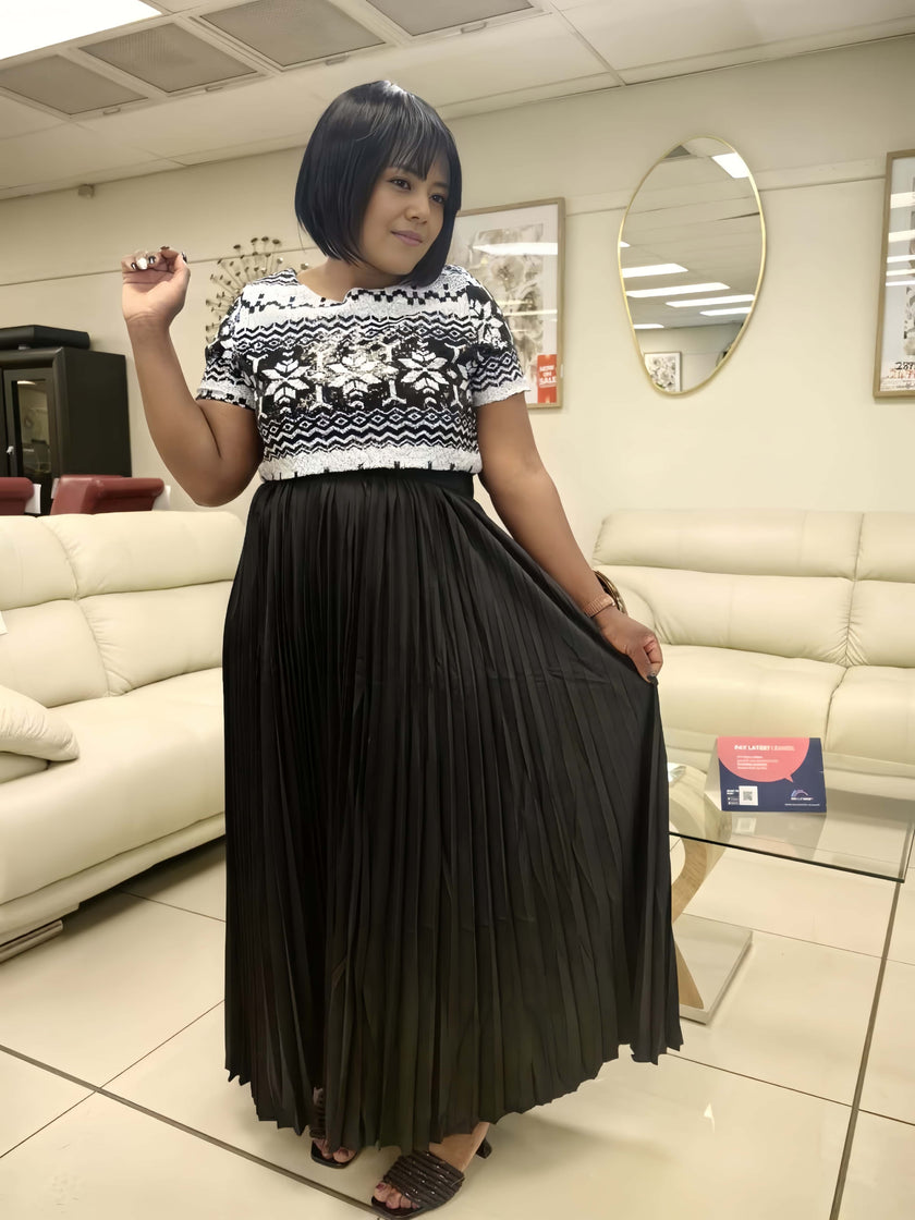 Floral Geometric Pattern Cropped Top with High-Waisted Pleated Maxi Skirt Set