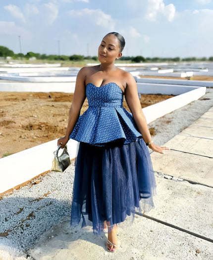 Ethnic Two-Piece Set with Geometric Strapless Top and Sheer Tulle Skirt