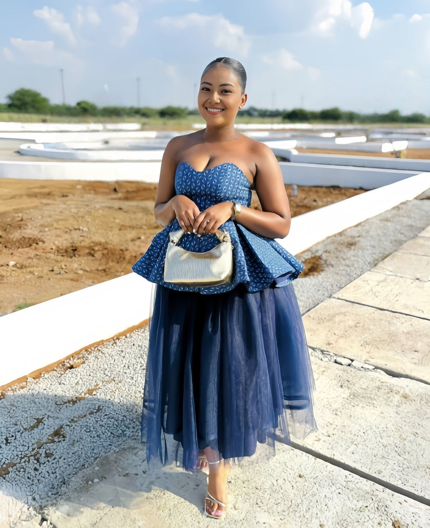 Ethnic Two-Piece Set with Geometric Strapless Top and Sheer Tulle Skirt