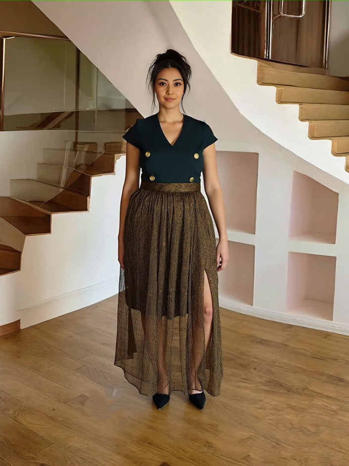 Black mesh evening dress, high-waist V-neck, short sleeves, long slit maxi skirt