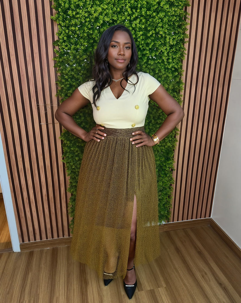 High-Waisted Mesh Slit Dress  V-Neck Short Sleeve  Button Detail Party Dress