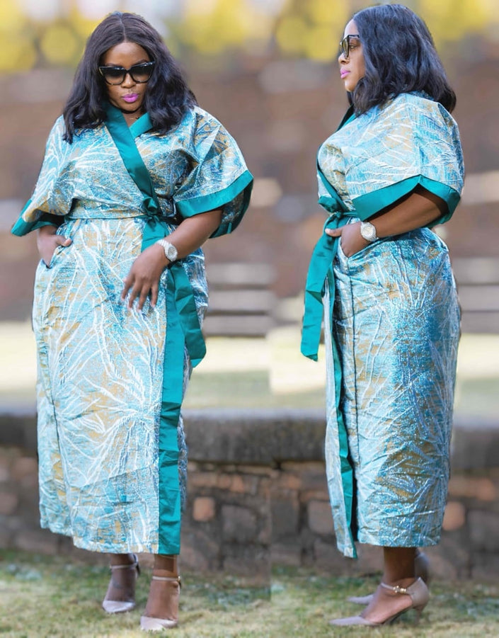 Maxi wrap dress with abstract leaf print, teal and light blue, short cape sleeves