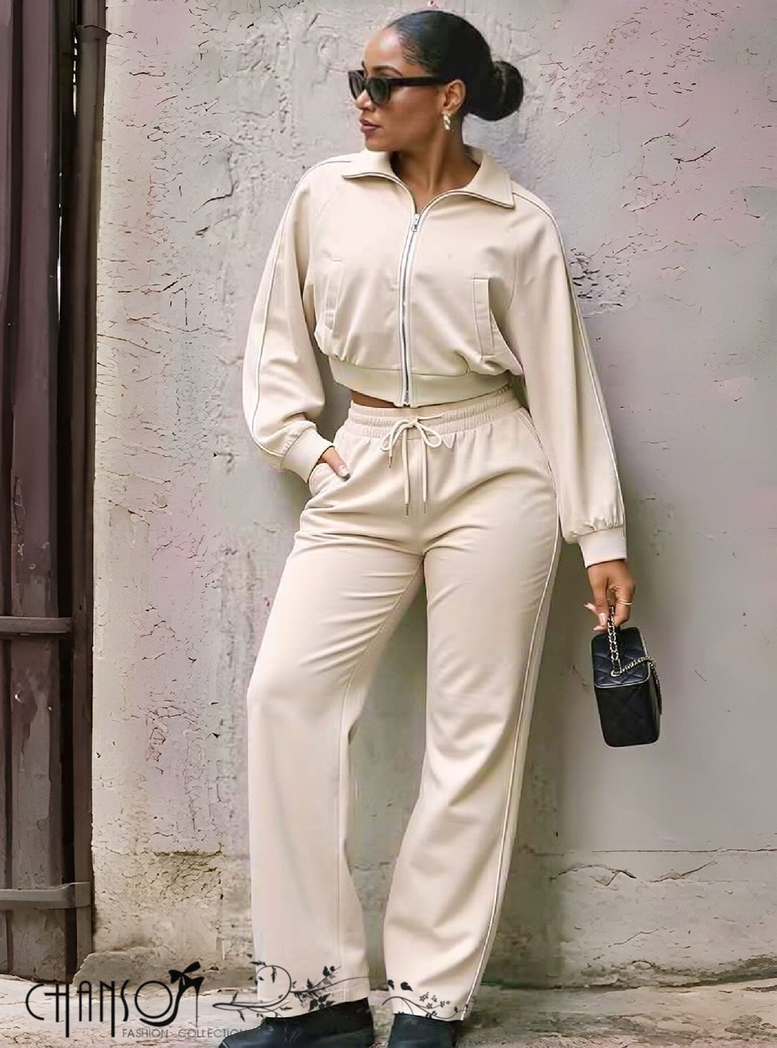 Nude cropped zip jacket and drawstring pants set with side stripes