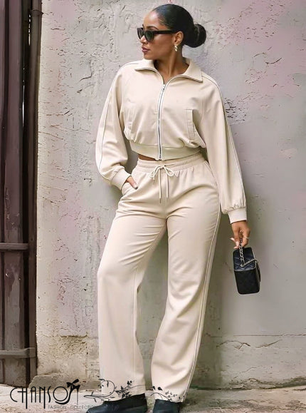 Nude cropped zip jacket and drawstring pants set with side stripes