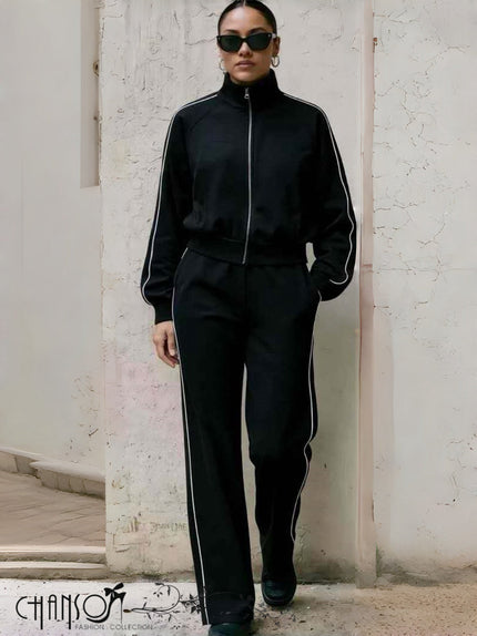 Black cropped zip jacket with drawstring pants, side stripe track set