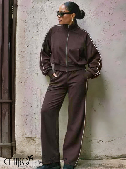 Brown cropped zip jacket and drawstring pants set with side stripes