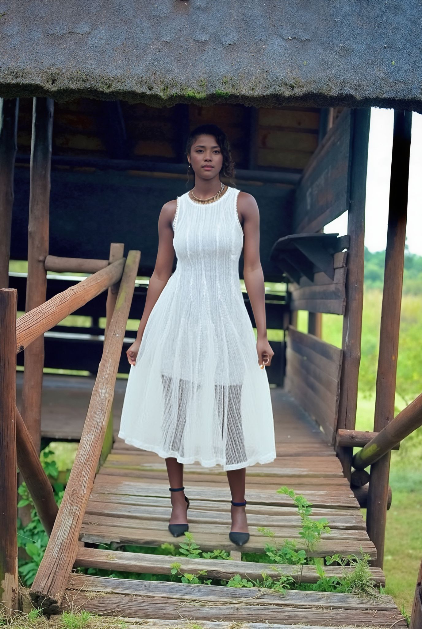Ribbed knit midi dress, sleeveless round neck, A-line skirt, white