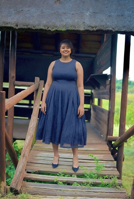 Ribbed knit midi dress, sleeveless round neck, A-line skirt, dark color