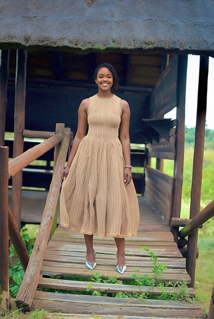 Ribbed knit midi dress, sleeveless round neck, A-line skirt, beige