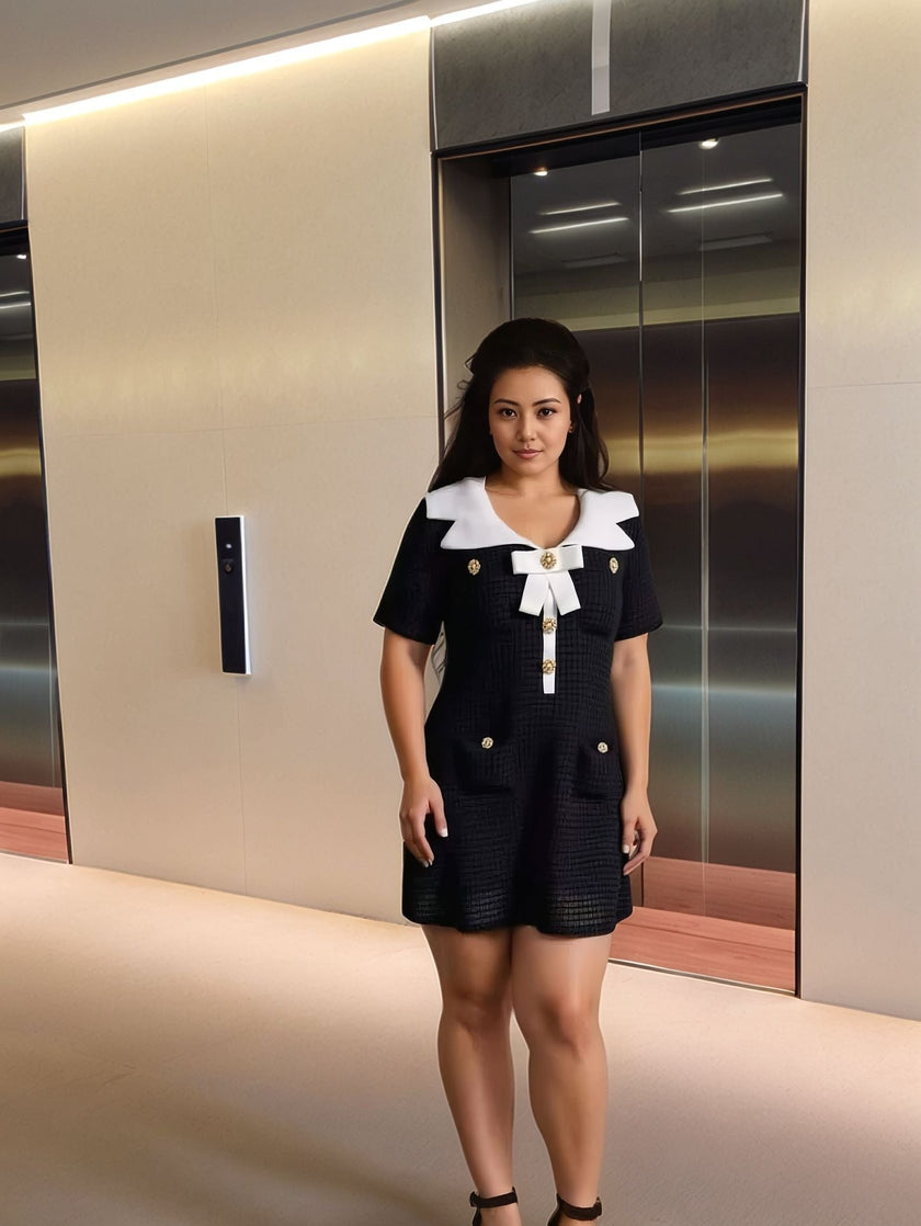 Elegant Vintage-Inspired Black Dress with White Collar & Bow, Gold Button Details