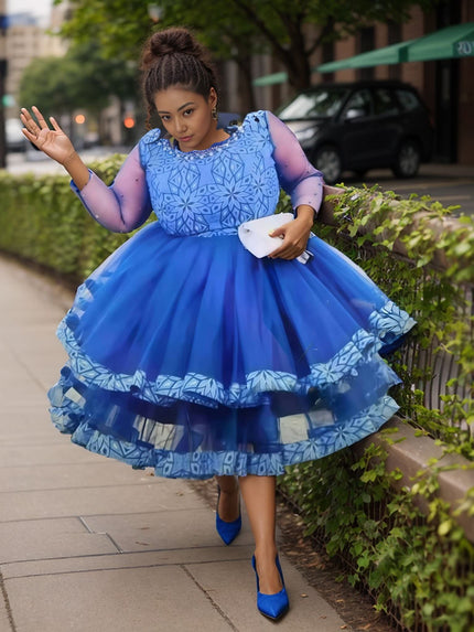 Blue mesh patchwork midi dress with puffed skirt and geometric floral print
