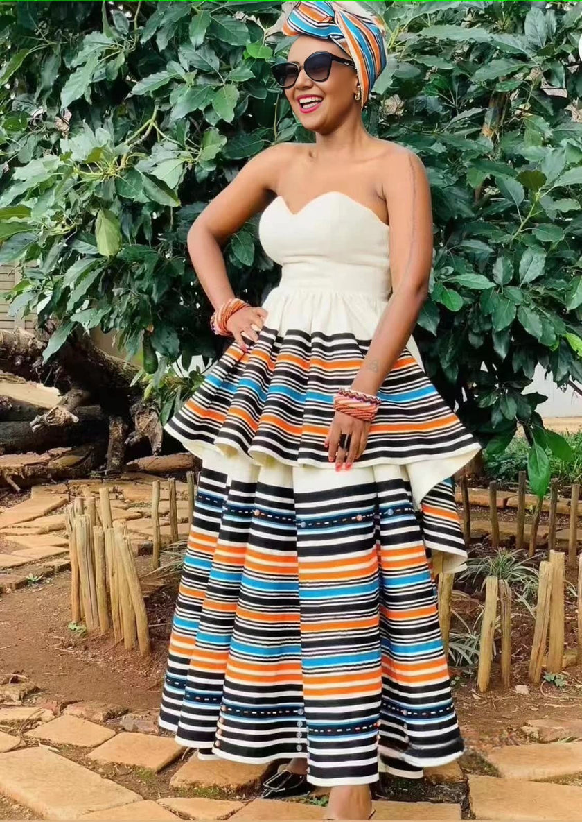 Traditional Flared Skirt Dress with Horizontal Stripe Design