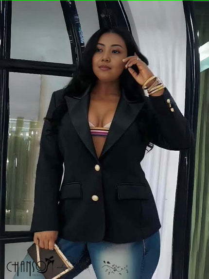 Black satin lapel blazer with gold buttons and flap pockets