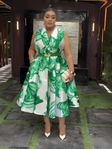 Green floral belted midi dress with white collar, sleeveless bodice
