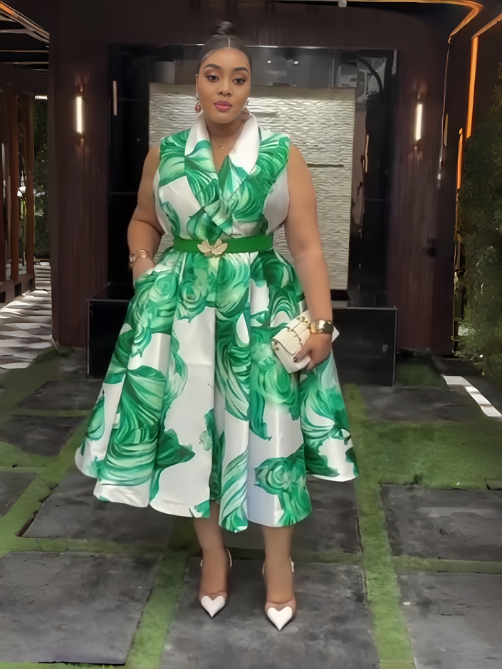 Green floral belted midi dress with white collar, sleeveless bodice