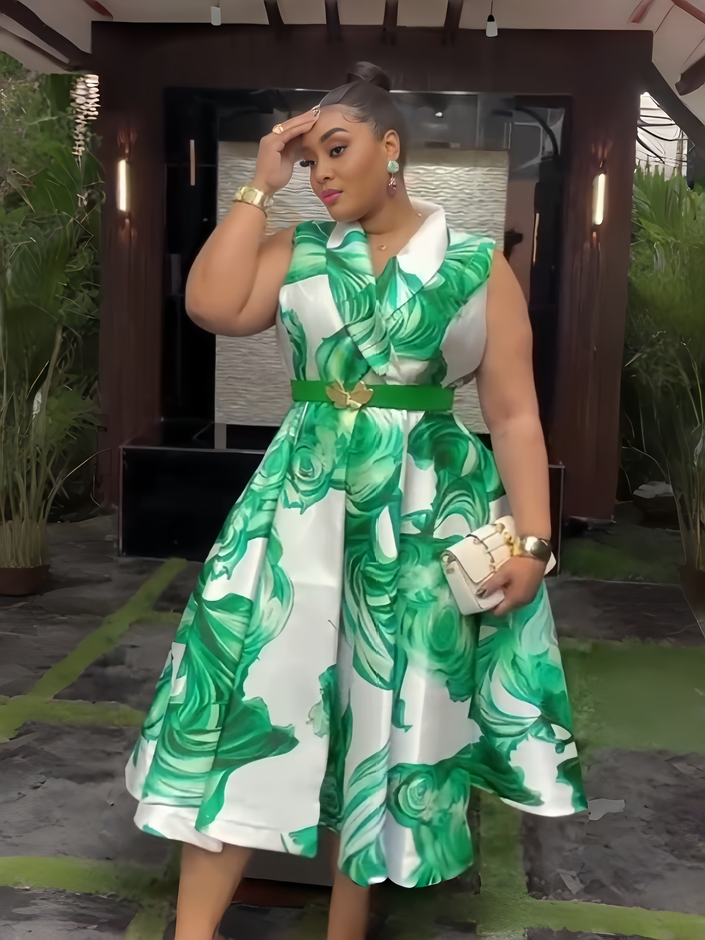 Green floral belted midi dress with white collar and gold waist belt