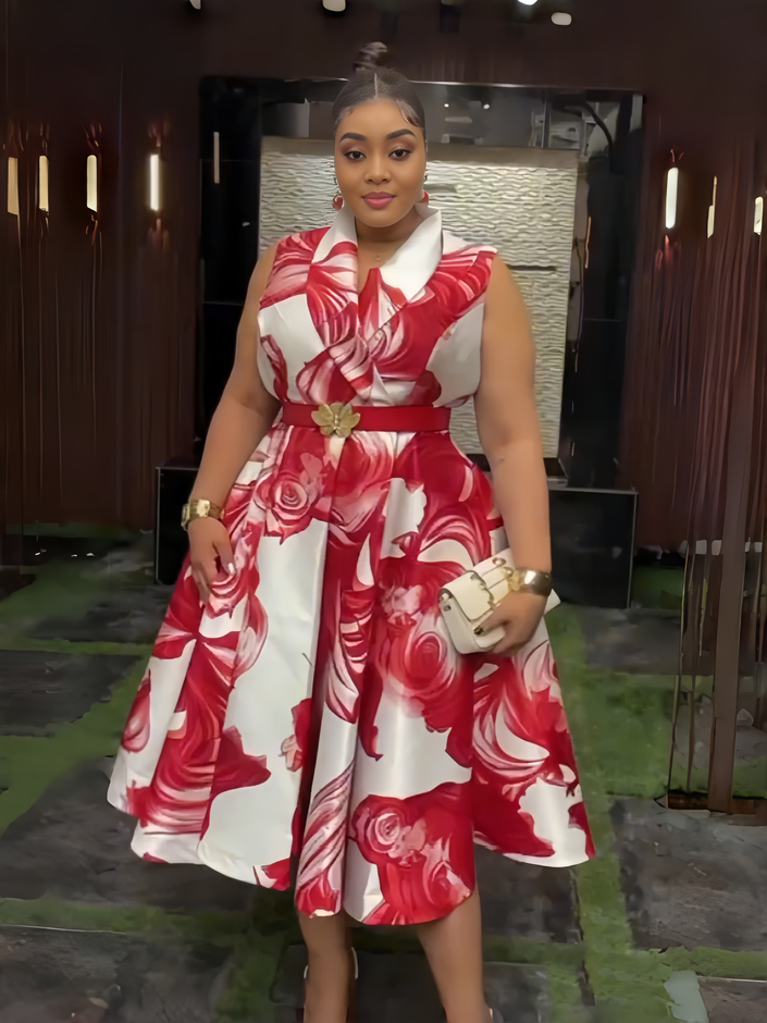 Red floral belted midi dress with white collar, sleeveless bodice
