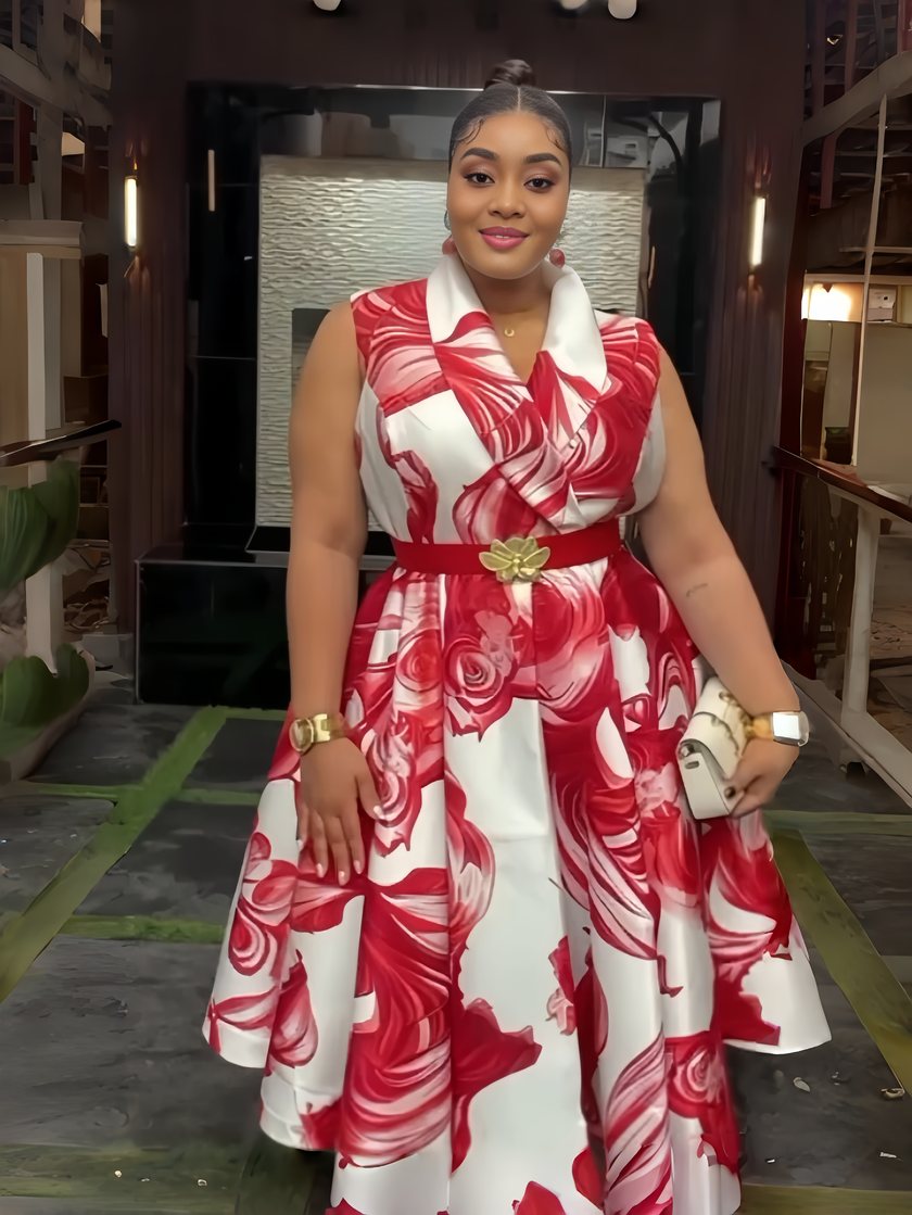 Red floral belted midi dress with white collar and gold waist belt