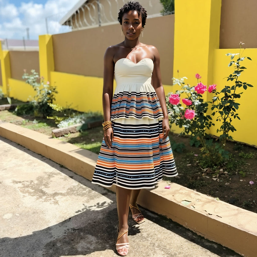 Traditional Flared Skirt Dress with Horizontal Stripe Design