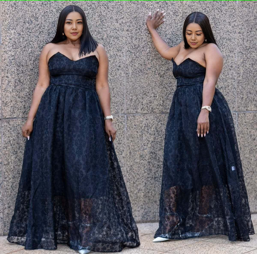 Strapless Formal Gown with Lace Patterns and Flowing Skirt