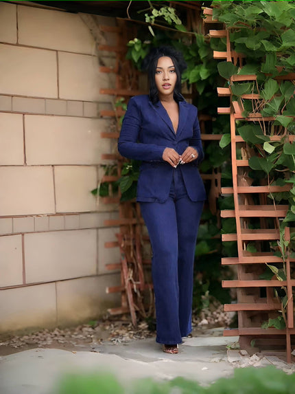 Blue denim blazer and wide-leg pants twin set, tailored jacket and flared legs