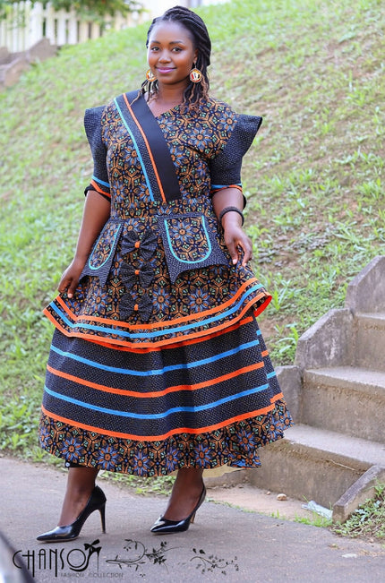 Tiered maxi dress with pockets, dark blue orange floral African print, short sleeves