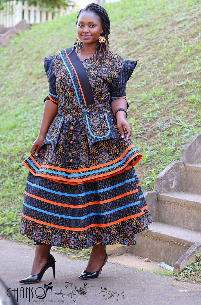 Tiered maxi dress with pockets, dark blue orange floral African print, short sleeves