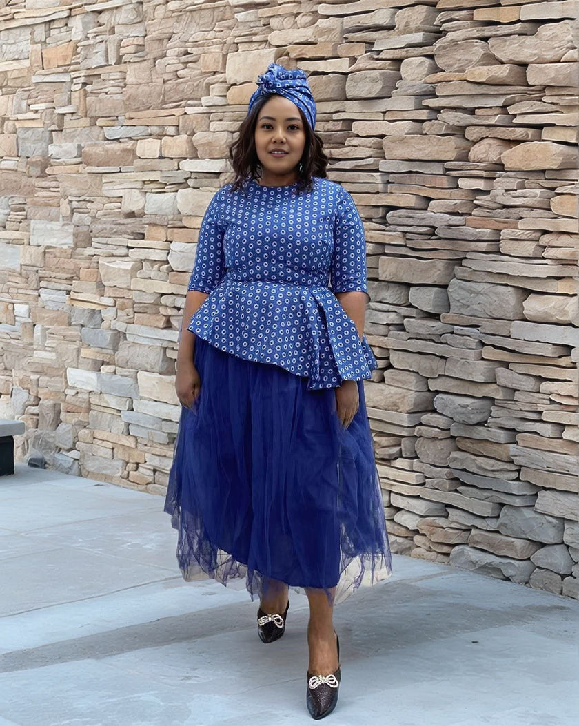 Ethnic Style Polka Dot Patchwork Pleated Two-Piece Set – Half-Sleeve Top with Mesh Skirt