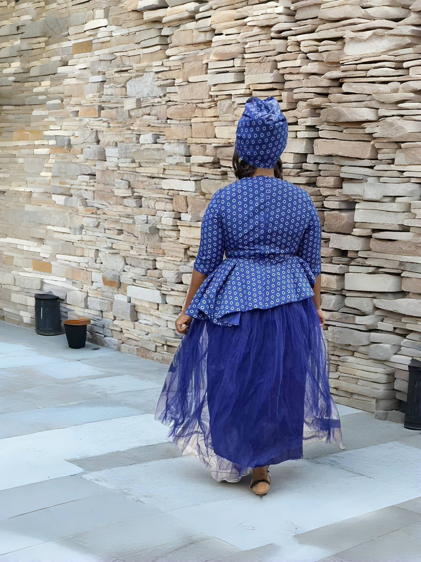 Ethnic Style Polka Dot Patchwork Pleated Two-Piece Set – Half-Sleeve Top with Mesh Skirt