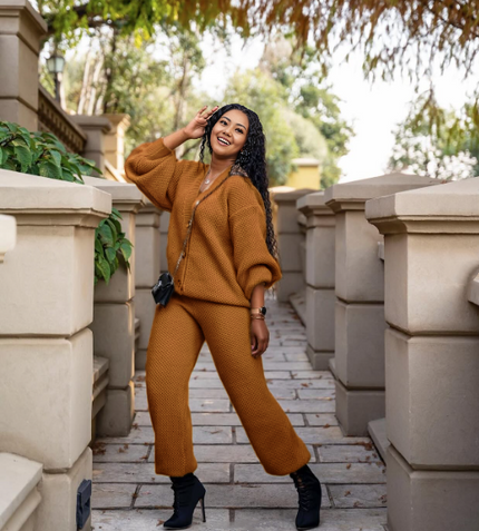 Brown knit cardigan and matching pants set, button-front cardigan with textured fabric