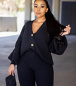 Black knit cardigan and matching pants set, button-front cardigan with wide sleeves