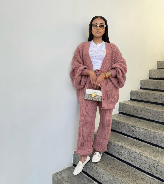 Dusty-rose knit cardigan and matching pants set, button cardigan with cozy chunky knit