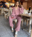 Pink knit cardigan and matching pants set, button-front cardigan with straight-leg pants